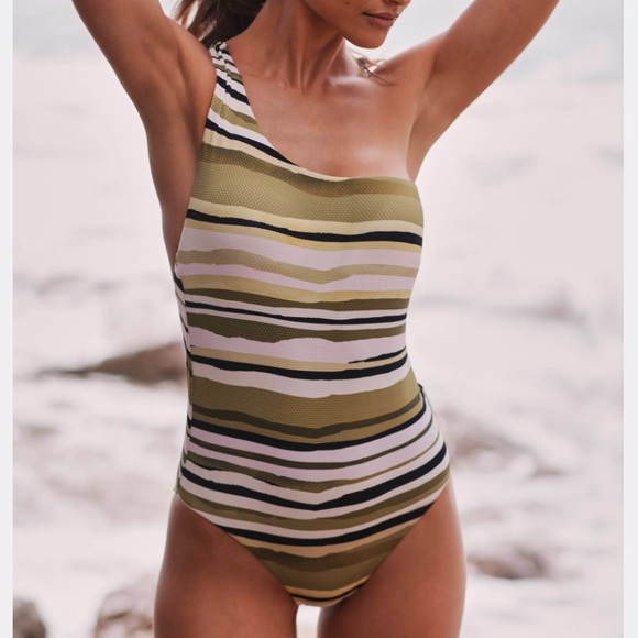 Seafolly Sun Stripe Green One Shoulder One-Piece Swimsuit - Picture 4 of 16